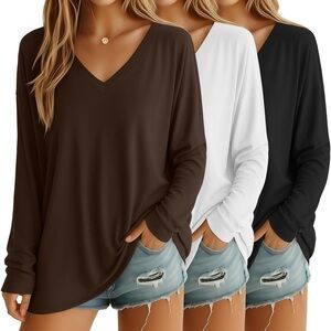 3- Pack V-Neck Long Sleeve Women Tops - Brown, White, Black